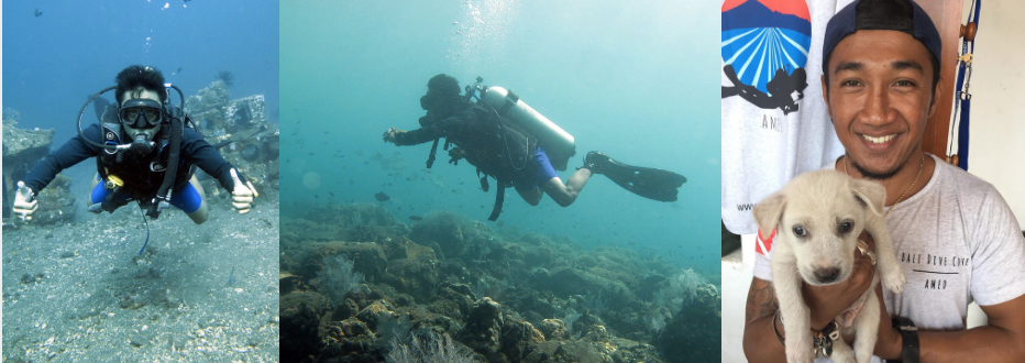Gede and White - Gede diving, Gede and dog