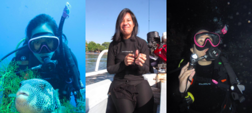 Dita Night diving, sitting on a Jukung boat and posing with a puffer fish