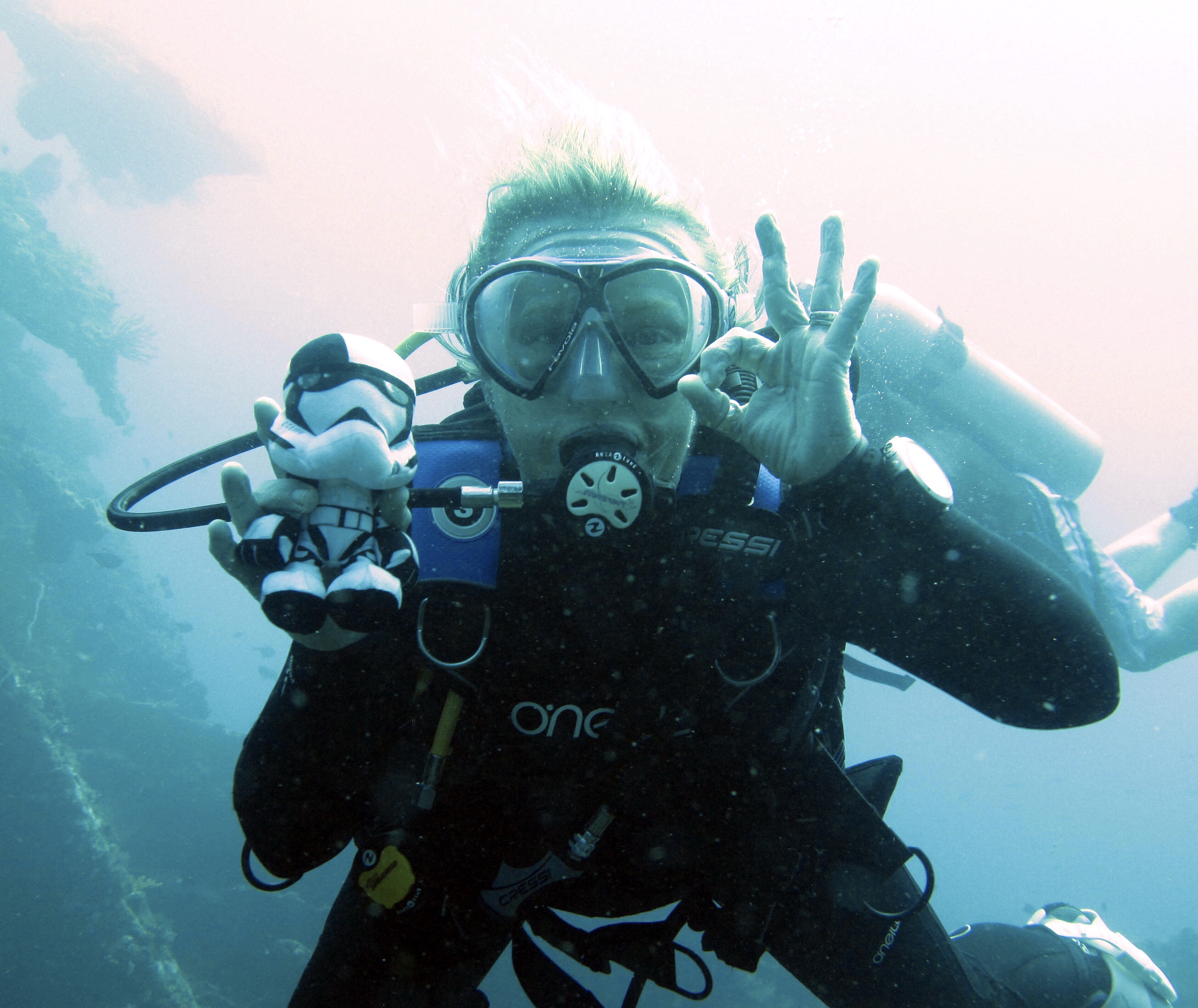 Emma and the stormtrooper scuba diving on the USAT Liberty shipwreck in Tulamben, Bali