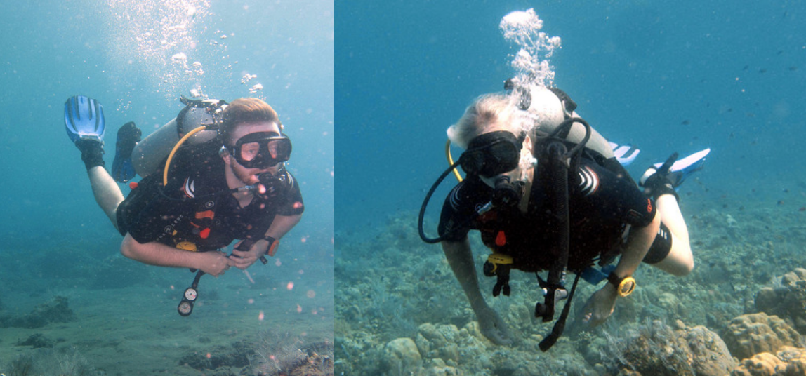 Lucinda Tuttiett and Tom Searle Scuba diving on Amed Pyramids in Amed, Bali