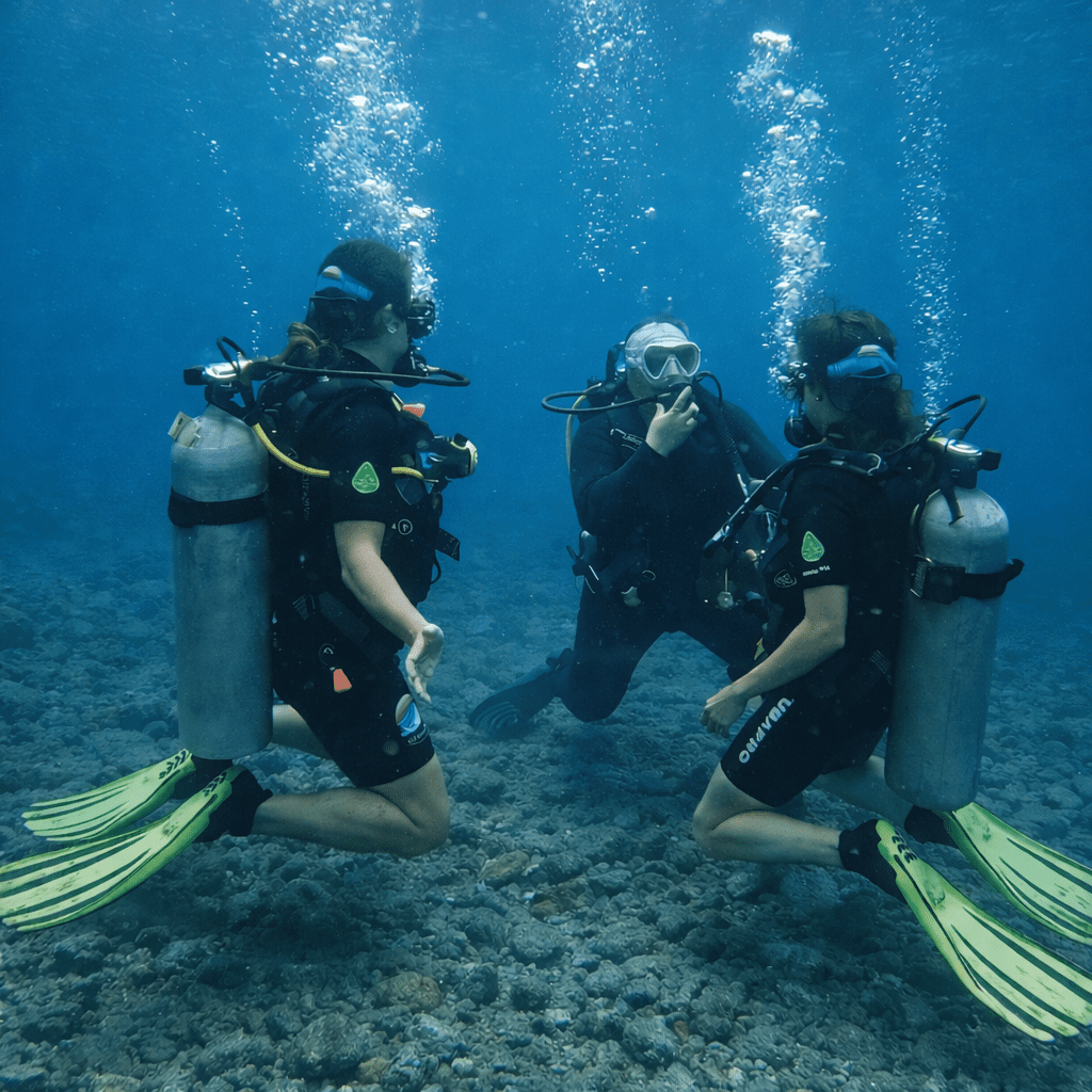 Discover Scuba Diving participants practising beginner scuba skills in Amed, Bali