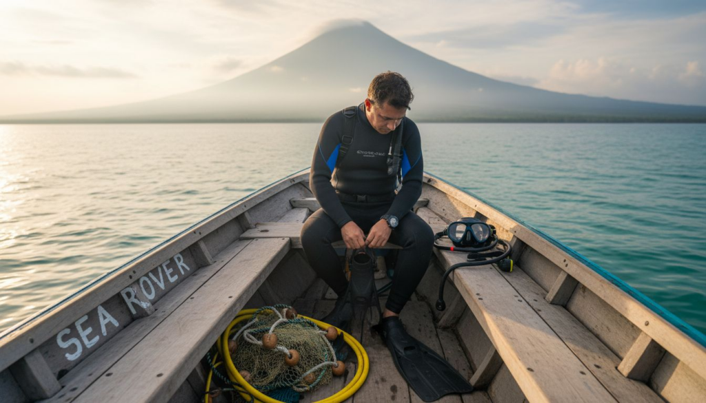 Diver preparing gear on small Bali dive boat