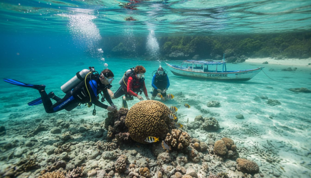 Divers exploring coral reef in Amed Bali