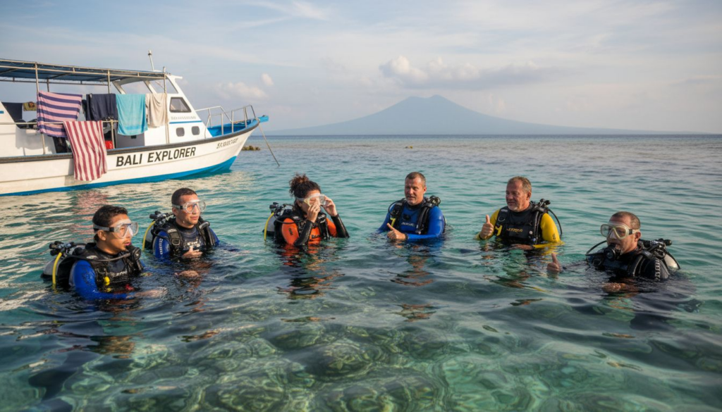 Group of scuba divers surfacing near Bali reef