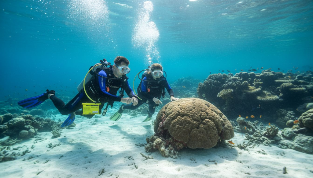Scuba divers exploring clear Bali waters