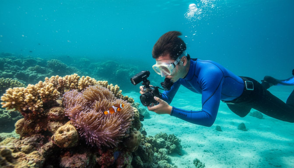 Diver photographs Bali coral reef underwater