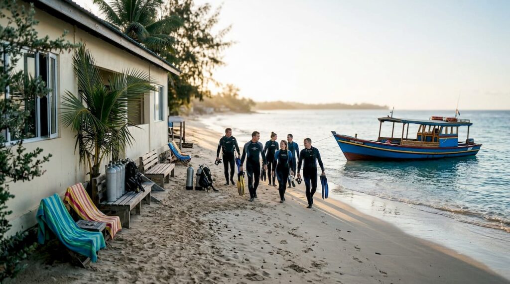Divers walking from Bali resort to beach