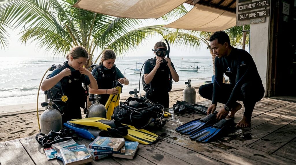 Novice divers prepping gear at Bali dive shop