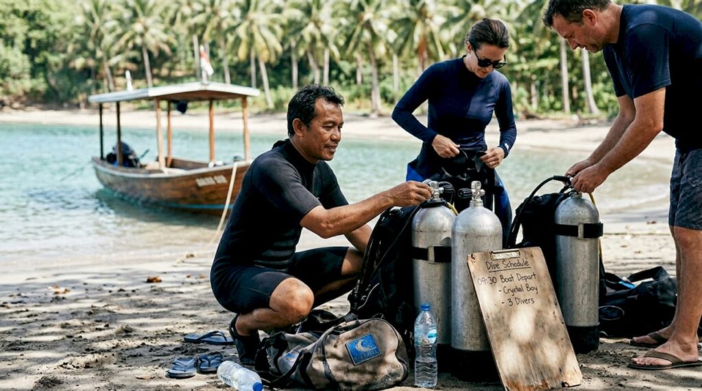 Dive instructor and visitors preparing at Bali beach