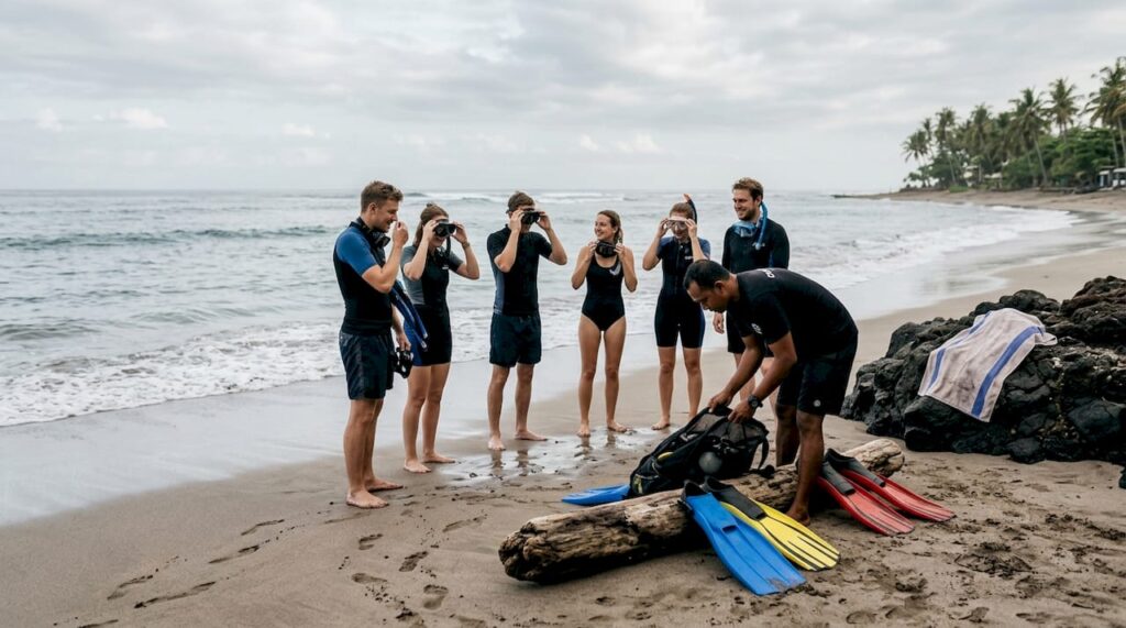 Beginner divers getting ready on Bali beach