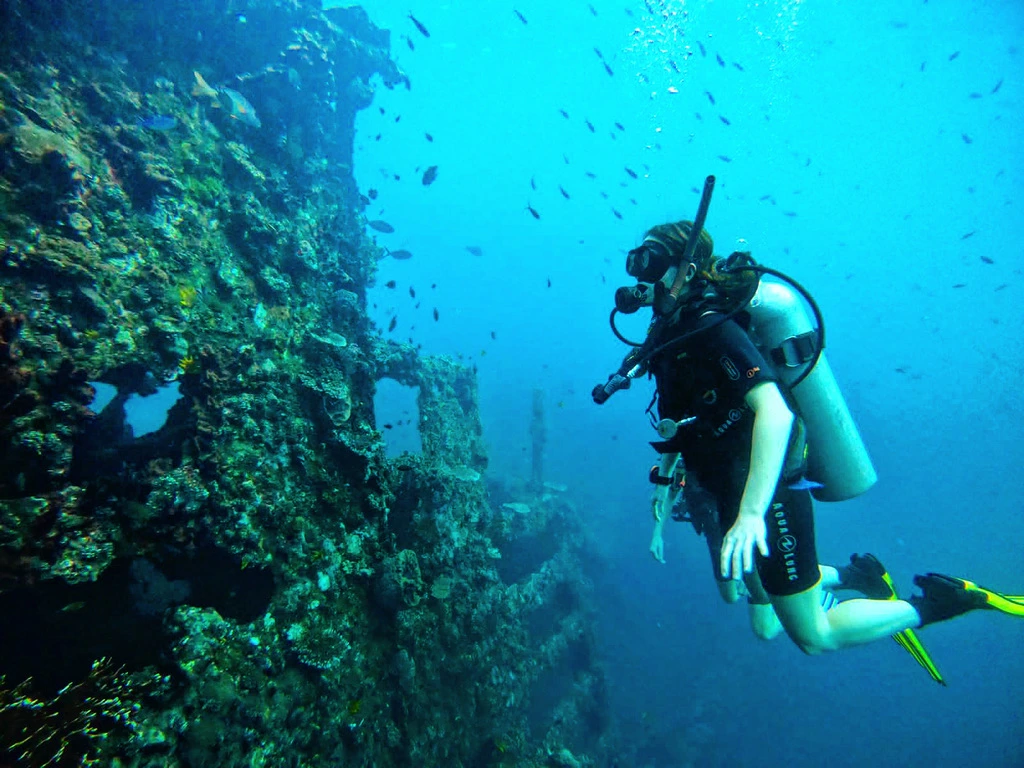 A diver exploring the USAT Liberty wreck in Tulamben, Bali