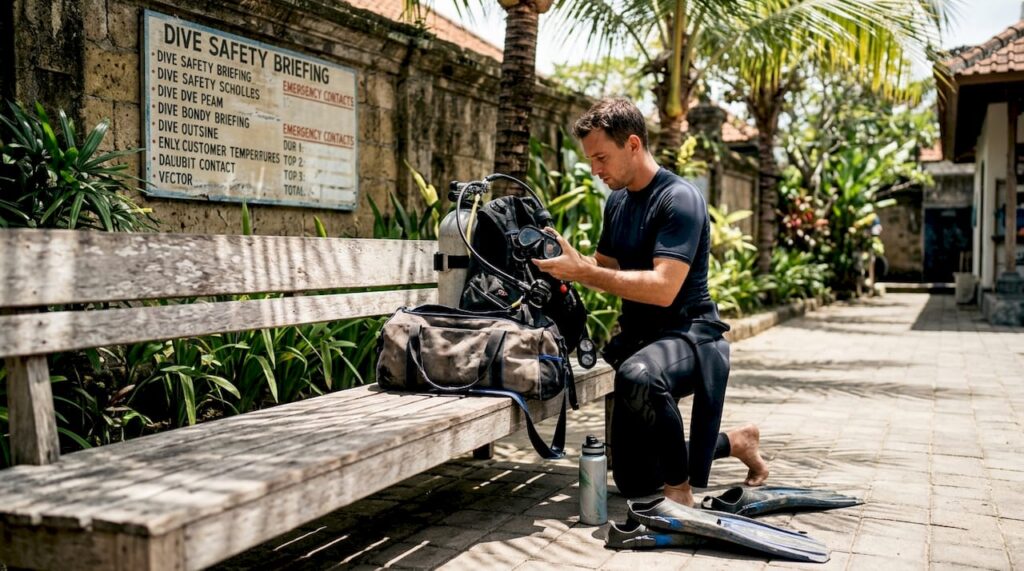 Scuba diver checks gear in Bali courtyard