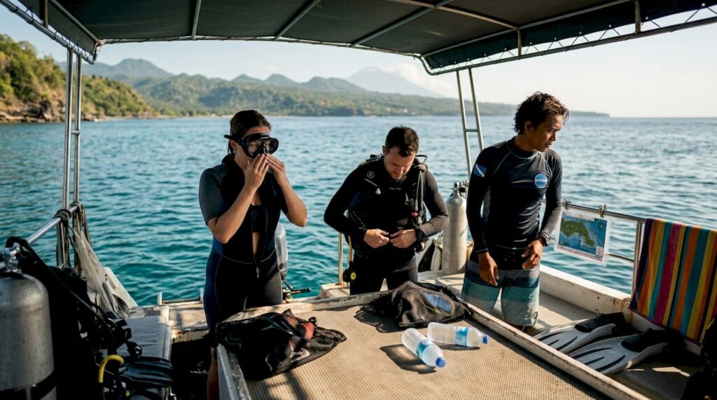 Divers checking gear on Bali dive boat deck