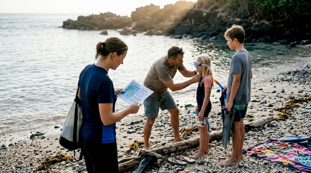 Family preparing for shore Bali dive