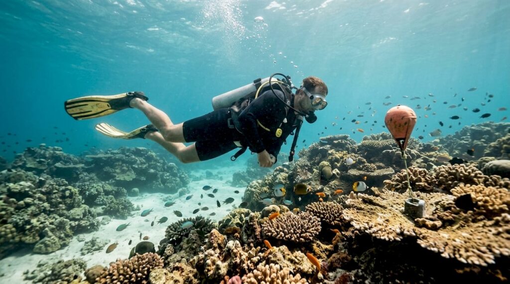 Scuba diver above Bali coral reef