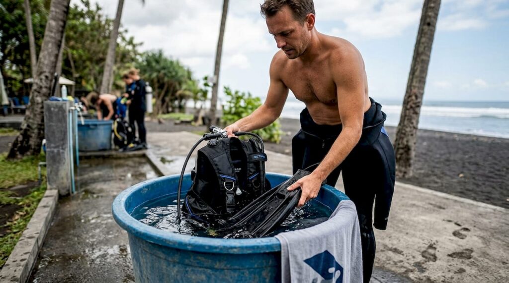 Scuba diver rinsing equipment after Bali dive