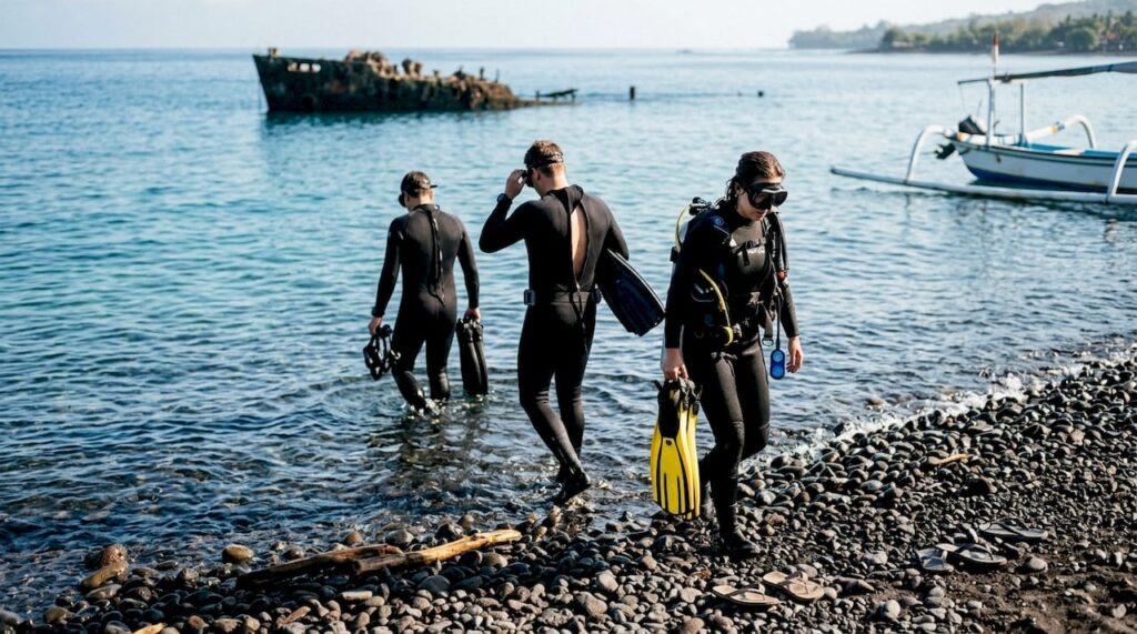 Divers entering water from Tulamben shoreline
