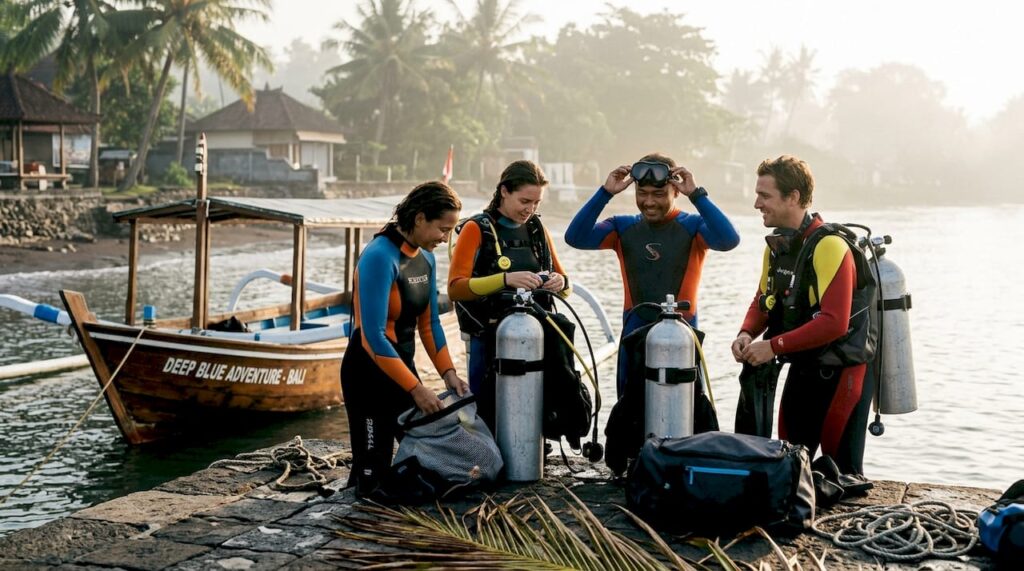 Divers preparing gear at Bali coastline