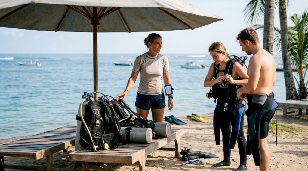 Dive instructor briefing divers on beach