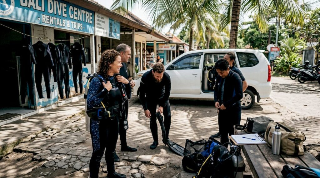 Group of divers preparing gear outside Bali dive shop