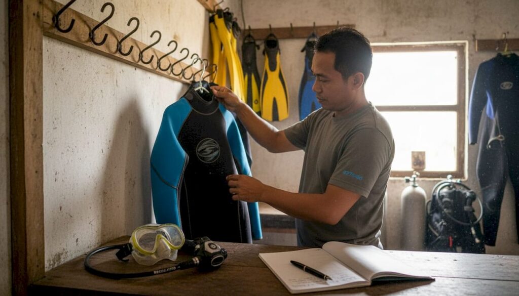 Dive shop staff inspecting scuba gear rental equipment