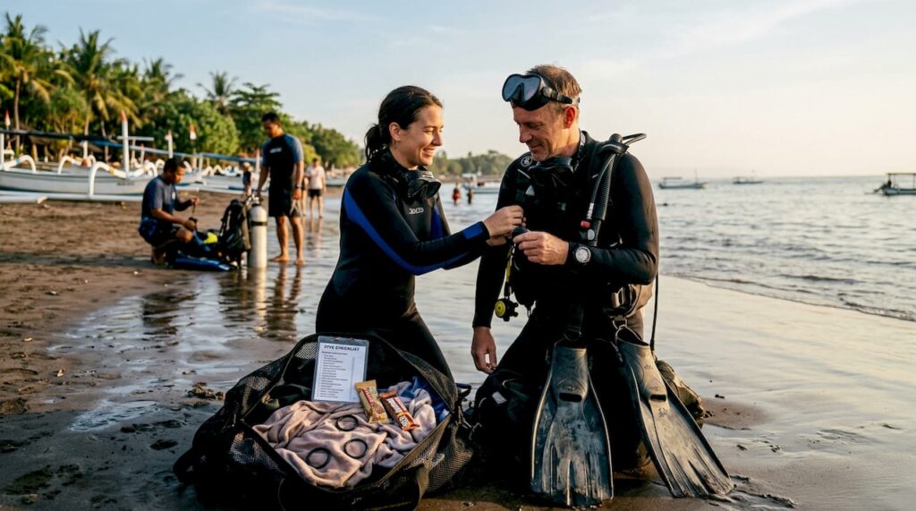 Divers checking gear for Bali buddy dive