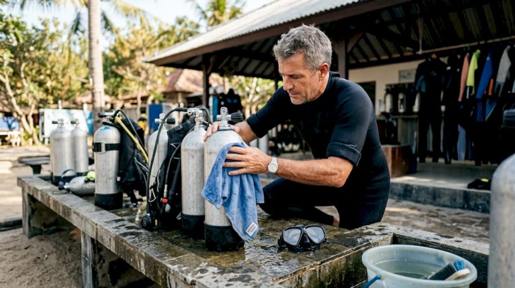 Dive instructor checking tanks at Bali beach center