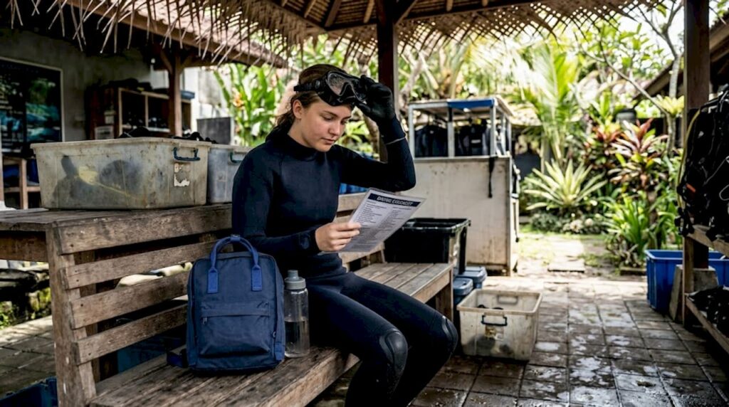 Beginner diver preps gear at Bali dive shop