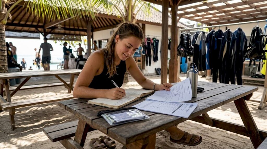 Diver reviews paperwork at Bali dive center