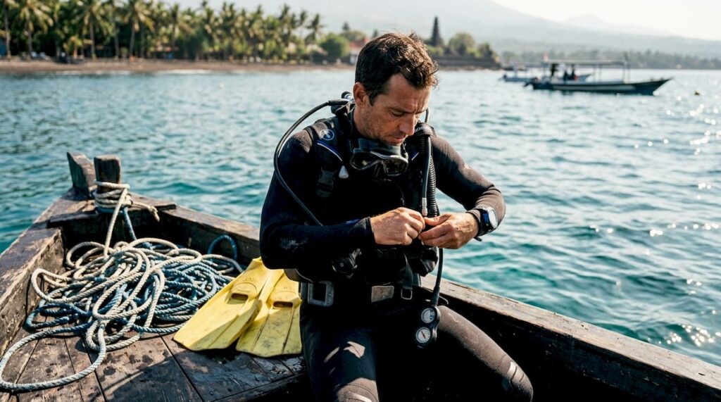 Diver checks gear on Bali dive boat
