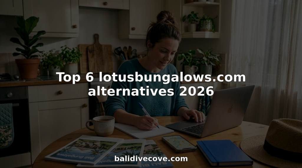 Woman researching Balinese bungalows at kitchen table
