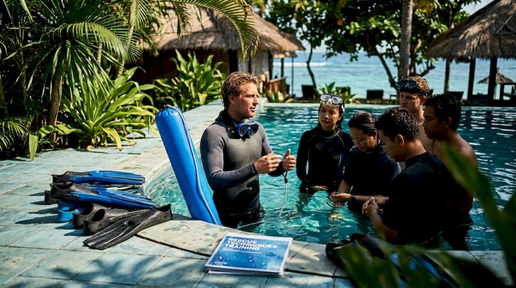 Rescue diver teaching at poolside training