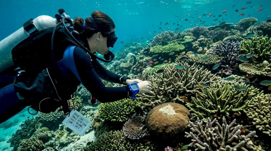 Diver exploring vibrant Bali coral reef