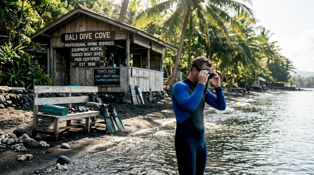 Diver preparing on Bali shore near resort