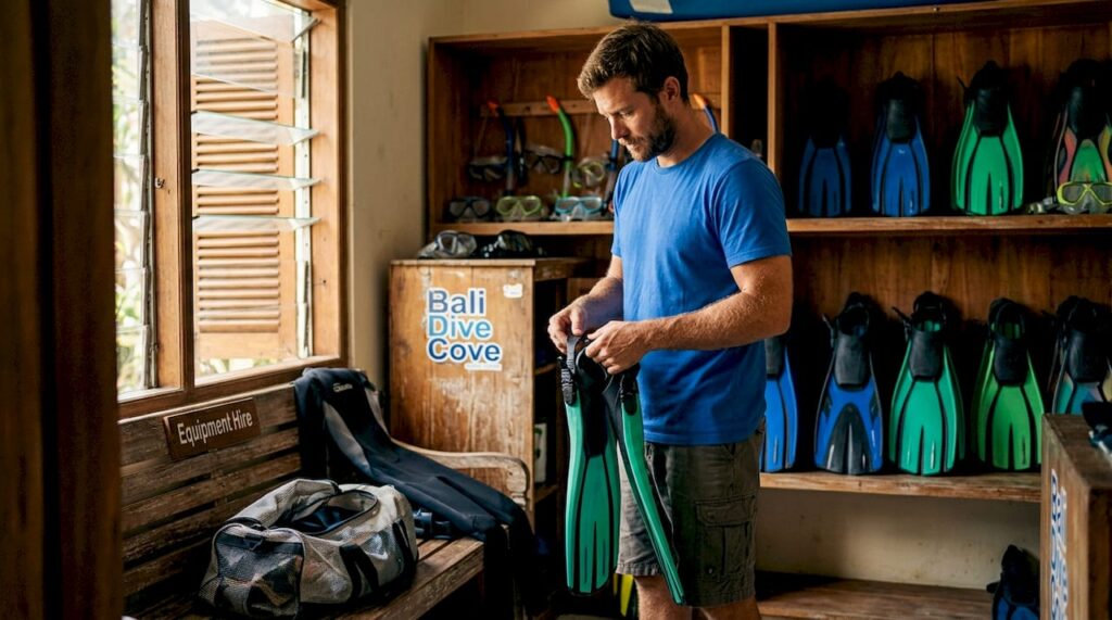 Diver comparing fins in Bali dive shop