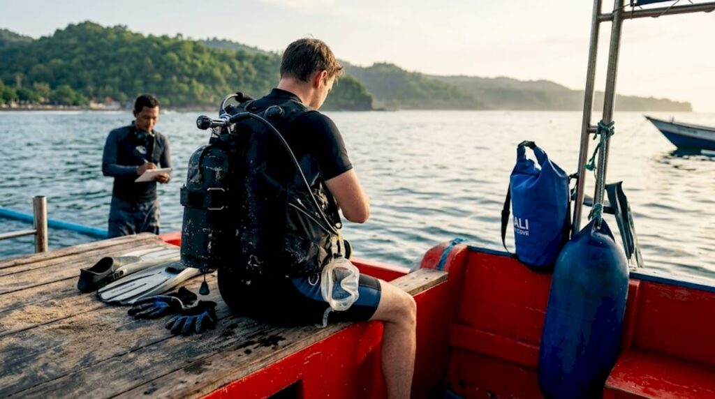 Beginner scuba diver preparing on Bali boat