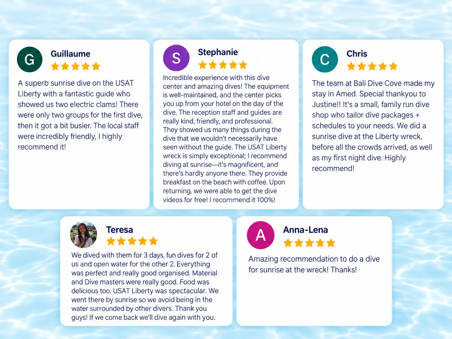 Guest reviews of sunrise dives at the USAT Liberty wreck in Tulamben with Bali Dive Cove